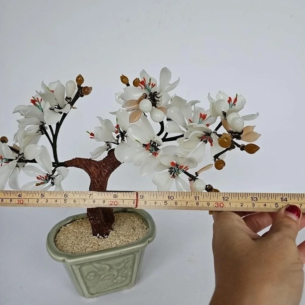 Vintage‎ Chinese Glass Bonsai Tree White Flower Celadon Pot Chinoiserie Decor